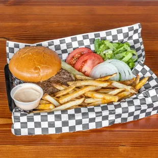 1/4# Fresh hamburger with shredded romaine, sliced tomato, onion and pickle spear with fresh cut fries