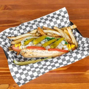 a hot dog and french fries