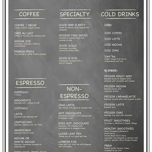 Coffee &amp; Cold Drink Menu