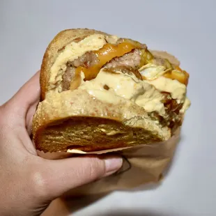 a hand holding a sandwich