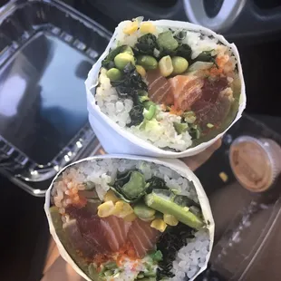 Huge "sushi burrito" with tuna, salmon, albacore, edamame, corn, kale, their sweet soy sauce, radish &amp; roe! Delicious:D.