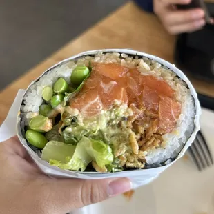 Extra Salmon Spicy Crunch Burrito with edamame's