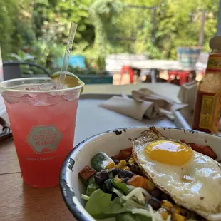 a plate of food and a drink