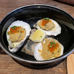 Fried oysters appetizer with trout caviar, pastis aioli