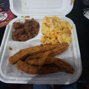 Fried perch, mac and cheese, yams