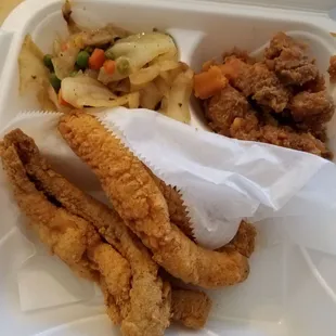 Fried perch, cabbage, sweet potatoes.