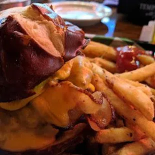 Cheddar Bacon Burger on a Pretzel Bun