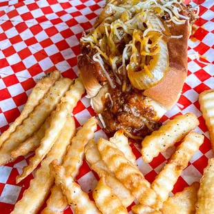 a hot dog and french fries