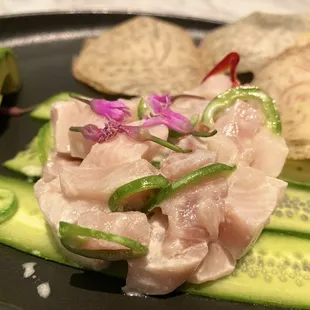 Hamachi Ceviche: Avocado, shallots, yuzu, jalapeño and fresno peppers, cilantro, taro chips