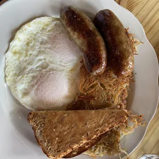 the classic - two eggs with hash browns and toast and house made sausage