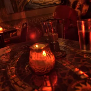 a lit candle on a table