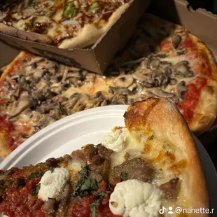 Lasagna pizza slice, medium double mushroom, medium barbecue chicken.