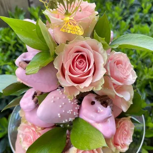 Goods Tower. Fresh Flowers, Chocolate Dipped Strawberries and Chocolate Dipped Pretzels.