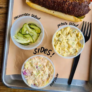 Sides: Cucumber Salad, Potato Salad, Coleslaw