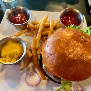 Burger and fries.  Portion of fries was on small side.  All was delicious.