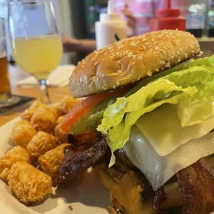 Mushroom Bacon Burger with cheese &amp; jalapeños &amp; tots