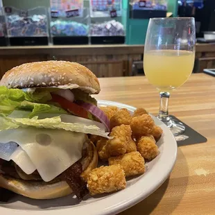 Mushroom Bacon Burger with cheese &amp; tots