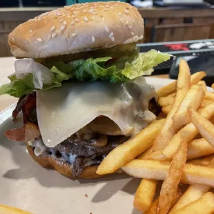 Mushroom Bacon burger with cheese! Fries