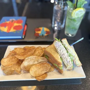 Chicken Salad Sandwich with Malt Vinegar Chips and a Mocktail Mojito