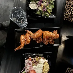 Greek salad, Cheerwine gochujang wings and kale salad