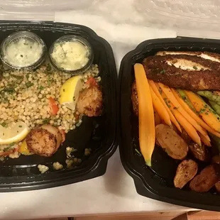 Takeout is so thoughtfully packaged with all sauces and toppings in separate containers. Left is the scallops and right is the rockfish.