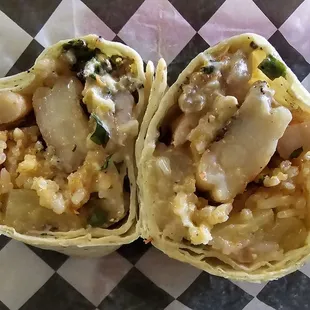 Sesame Grilled Shrimp Wrap: sesame grilled shrimp, jasmine rice, zesty like mayo &amp; pineapple salsa; garlic wrap