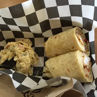 TEQUILA LIME SHRIMP WRAP  marinated shrimp, jasmine rice, pineapple salsa with a zesty lime mayo served on a garlic wrap