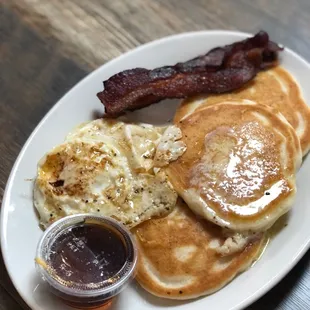 Breakfast- pancakes, eggs and bacon
