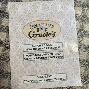 a menu for the restaurant