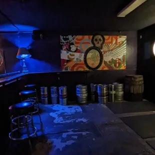 a dimly lit bar with stools