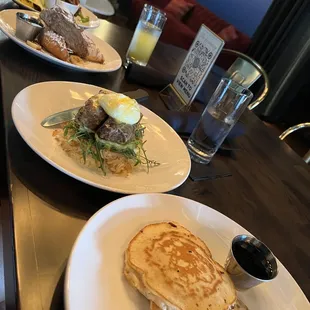 Steak Benedict and a side of pancakes!