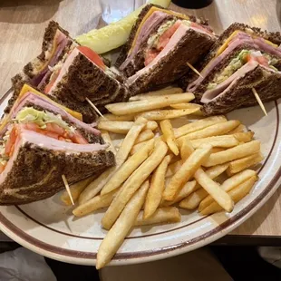 Barn Bustin' Club Sandwich and French Fries