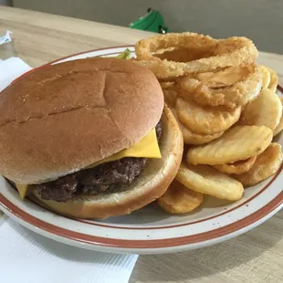 Cheeseburger, Onion Rings, and Cottage Fries