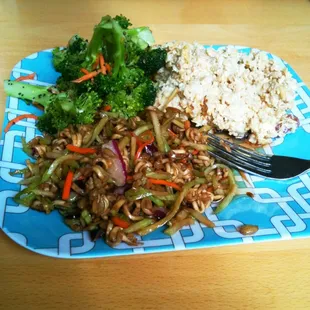This is the &quot;Three&apos;s Company&quot; plate.  3 salads.  I picked the Vegetarian Protein Salad, Sesame Noodle Slaw, &amp; poppy seed veggies