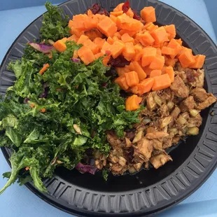 Three&apos;s Company:  Balsamic chicken salad, kale salad, and sweet potatoes