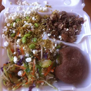 Three&apos;s Company: vinaigrette chicken salad/edamame couscous salad/broccoli slaw + wheat roll