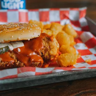 a chicken sandwich and french fries