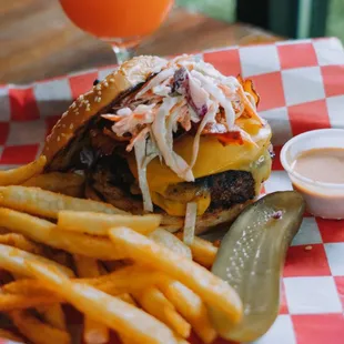 a cheeseburger and fries
