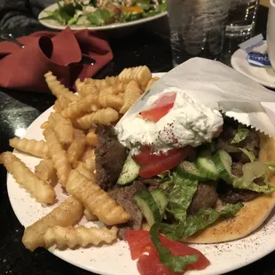 Lamb and beef gyro with fries