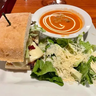 Lunch special $10.95 - half sandwich, side Caesar and soup of day -- that day delish tomato basil!