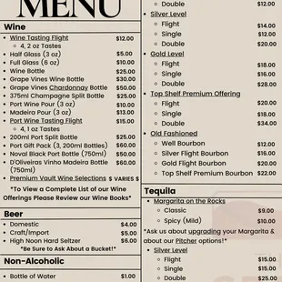 Daily Drink Pricing Menu
