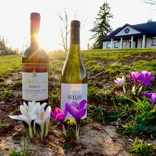 a bottle of wine and flowers
