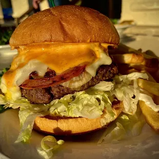 a cheeseburger and fries