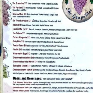 Cocktail menu