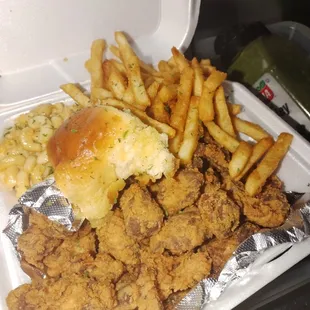 Chicken gizzards, Mac and cheese, fries