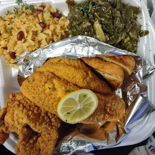 Fried Fish, peas &amp; rice, collard greens, garlic bread