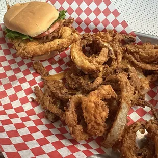 Fried chicken sandwich and I asked for my onion rings well done, so that's why they are well done.