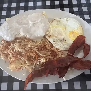 Two Medium, perfect crispy hashbrowns and bacon.