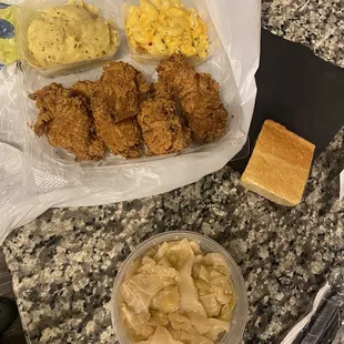 Fried Chicken, Mac, Potato salad, cabbage, and cornbread