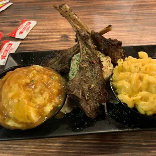 Herb &amp; Rosemary lamb chops with mashed potatoes and gravy and macaroni and cheese